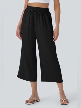 Halara BNWT High Waisted Black Wide-Leg Cropped Linen Feel Pull-On Pants - L